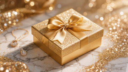 a luxury gift box with golden ribbon on marble background, glitter and sparkles around