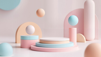 an abstract soft 3D render of pastel shapes and geometric platforms