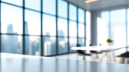 Modern office interior with large windows showcasing a bright cityscape on a clear day