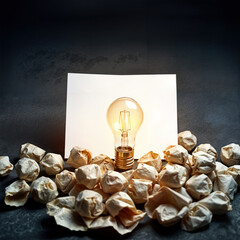 a glowing classic light bulb floating in mid-air above a white desk