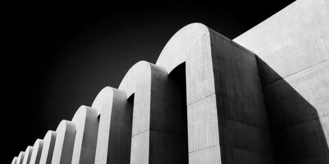 Curved concrete structures rise against a dark background, showcasing modern architectural design