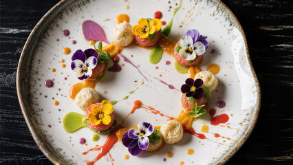 a colorful top-down view of a gourmet dish arranged on a ceramic plate