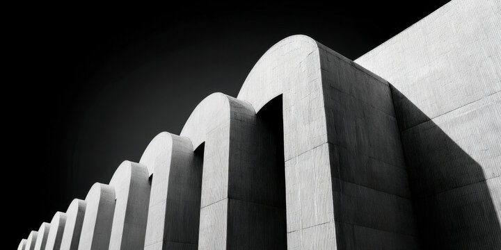 Curved concrete structures rise against a dark background, showcasing modern architectural design