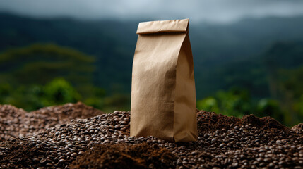 Coffee bag resting on a mound of roasted beans near lush green plantation under cloudy sky