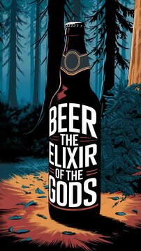 Beer bottle art. A beverage labeled "Beer the Elixir of the Gods" is the focal point, set against a detailed forest illustration for a whimsical, nature-inspired beverage poster.