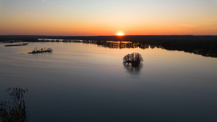 Milickie Ponds at sunset, bird's eye view, Lower Silesian Voivodeship, Poland