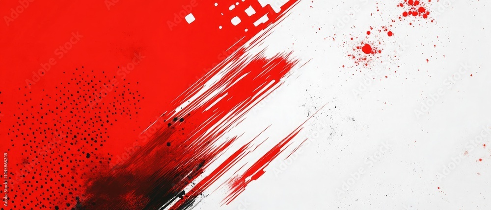 Poster red and white abstract texture with brush strokes and paint splatter background