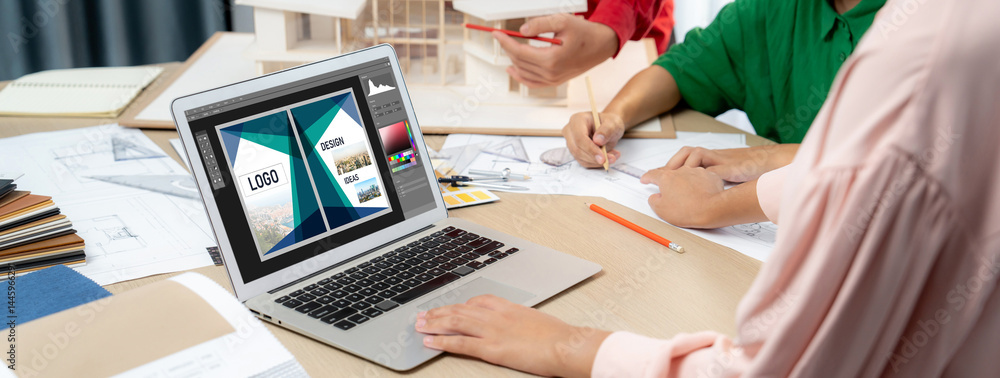 Poster graphic designer software for modern design of web page and commercial brisk ads showing on the comp