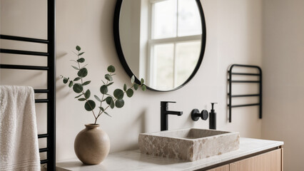 a minimalist bathroom with matte black fixtures, large round mirror, stone sink