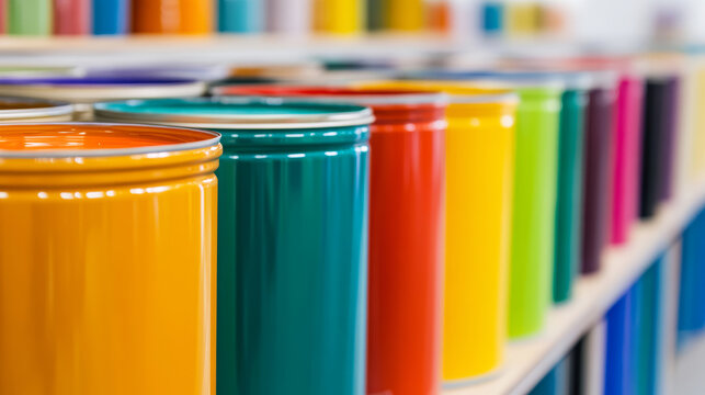 Many colorful metal paint cans are neatly arranged on shelves in a paint or hardware store, ready for customers to purchase