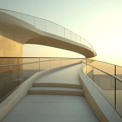 Obraz premium Modern architectural pathway with glass railings under soft sunset light in a serene environment