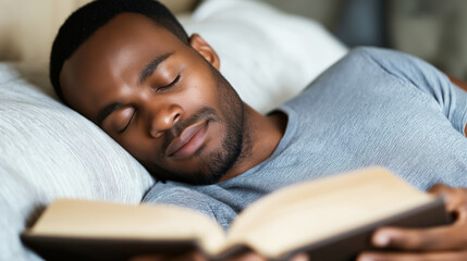 Exhausted reader dozing off, book resting on chest, revealing quiet moment of relaxation after long day