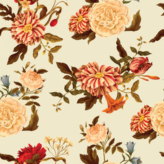 Seamless floral pattern with oil painting rococo still-lifes flowers. Vector.