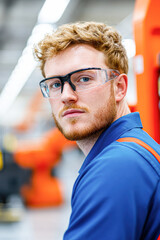 A focused young man in safety glasses, dressed in blue, stands in an industrial setting.