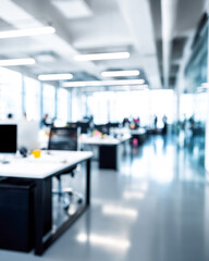 Modern office environment with blurred focus showing busy workstations and natural light