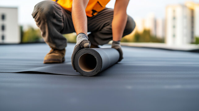 Construction worker installing a bituminous membrane waterproofing system on a flat roof, ensuring protection against water damage and weather elements