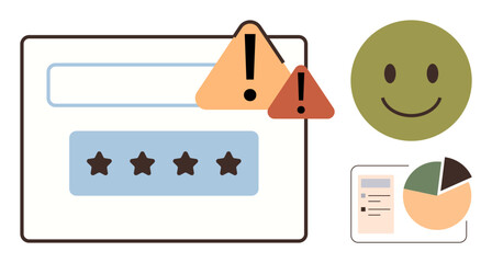 Feedback screen featuring warning icons, a five-star rating bar, happy emotion, and performance chart. Ideal for user review, survey results, analytics, evaluations, UI design web health simple