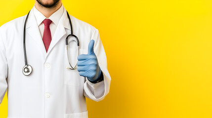 Doctor Showing Thumbs Up in Blue Glove on Yellow Background