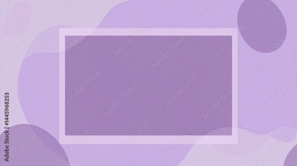 Poster muted lavender background with a white framed rectangle. abstract shapes and soft gradients