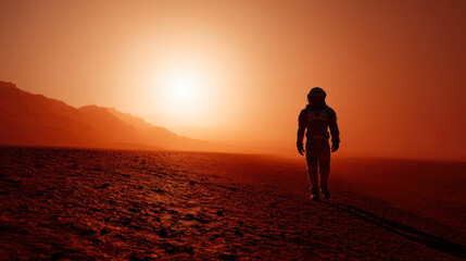 Astronaut exploring Martian landscape during a stunning sunset in a surreal orange atmosphere