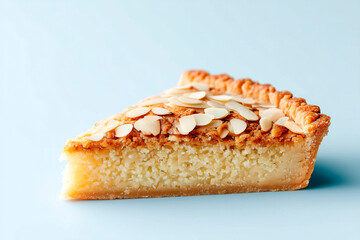 Slice of almond tart with golden crust and flaked almonds on top set against a light blue background