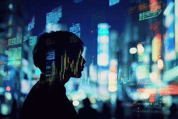 Woman, city night, data, finance, future, technology, stock market, analysis