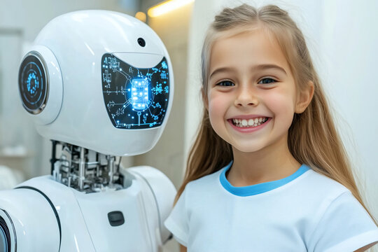 Smiling Girl Standing Next to a Friendly Futuristic Robot