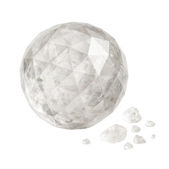 Magnificent transparent orb with geometric surface facets, positioned alongside several scattered rough crystalline shards.