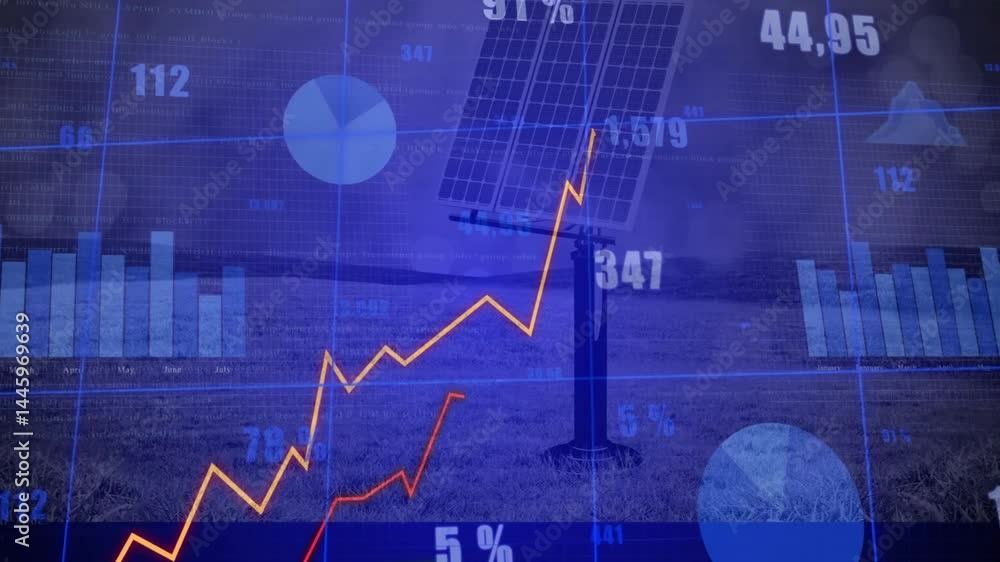 Poster 3d solar panel standing on post showing digital line graphs and bar charts overlaying grassy hills