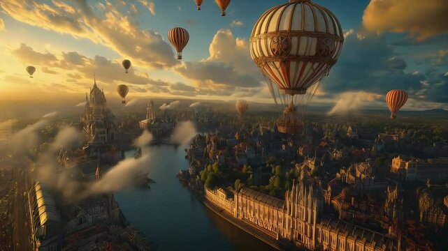 Hot air balloon flying over fantasy city. Steampunk cityscape with clouds and river. Concept of historic adventure and sky travel.