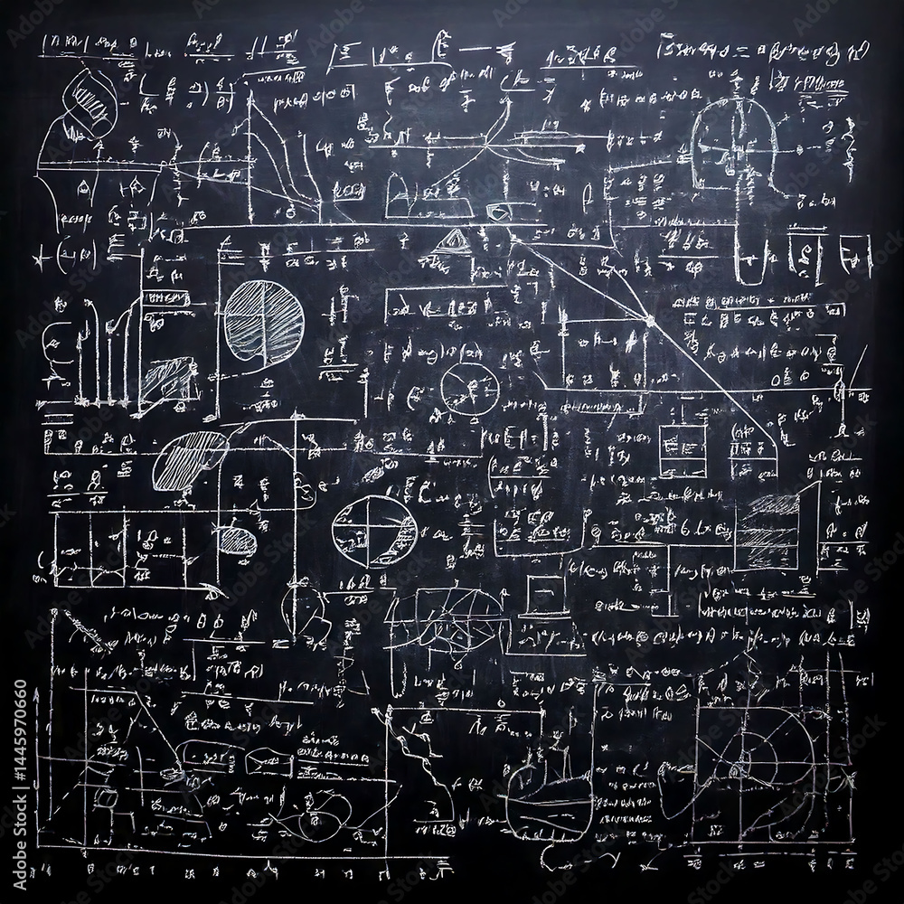 Poster complex chalkboard filled with intricate mathematical formulas, scientific diagrams and equations. r