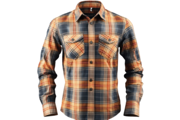Stylish men s flannel shirt autumnal orange and navy plaid long sleeves button down