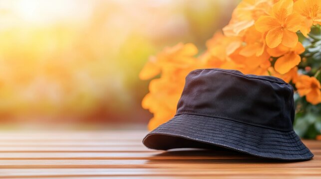 A stylish black bucket hat rests on a wooden surface, surrounded by vibrant orange flowers, perfect for promoting summer fashion or outdoor activities in marketing materials and lifestyle content,