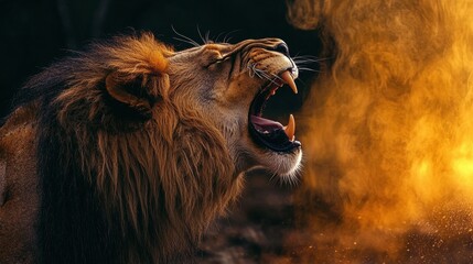 Powerful lion roaring, mouth agape, dust and smoke surround the beast.