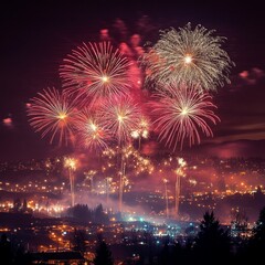 Spectacular Fireworks Display Over Night Cityscape Amazing Festive Celebration Brilliant            