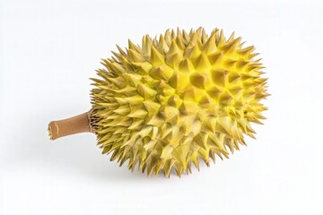 Whole durian fruit with thorny skin isolated on white background
