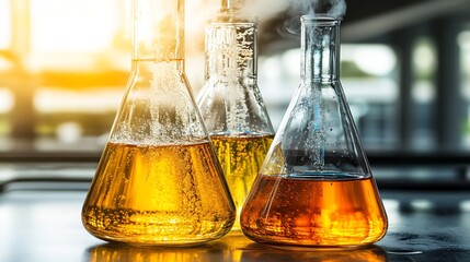 Chemistry setup with bubbling flasks and vibrant liquids