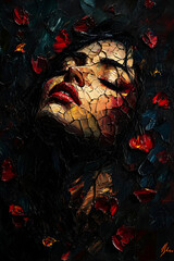 Fototapeta premium faded woman’s face layered with petals and cracked textures, abstract oil artwork in deep tones
