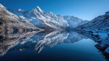 Calm mountain lake with reflection of snow-covered peaks, clear sky 