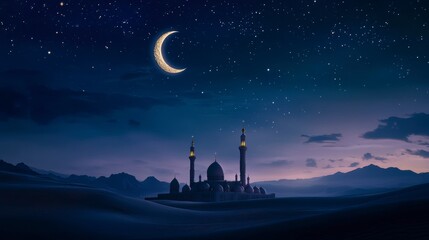 Naklejka premium Night scene of a mosque in the desert under a crescent moon and starry sky.
