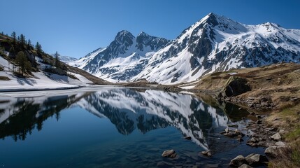 Calm mountain lake with reflection of snow-covered peaks, clear sky 