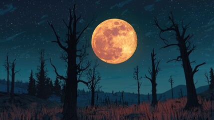 A large, orange moon over a barren, night woodland.