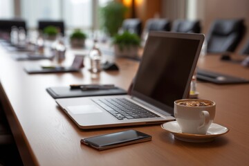 Fototapeta premium A laptop, coffee, and smartphone sit ready for a business meeting on a conference table.
