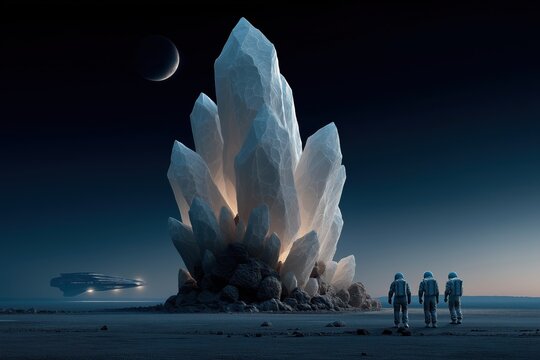 Human Scientists Encounter Towering Crystal Entity on Silent Lunar Surface