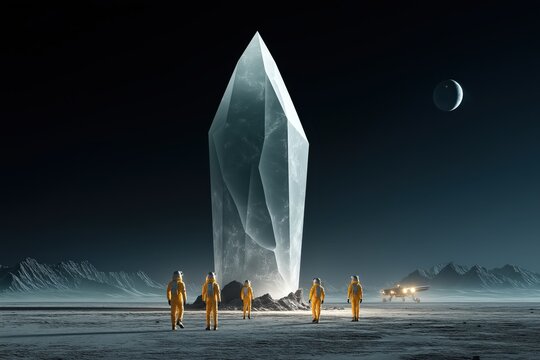 Human Scientists Encounter Towering Crystal Entity on Silent Lunar Surface