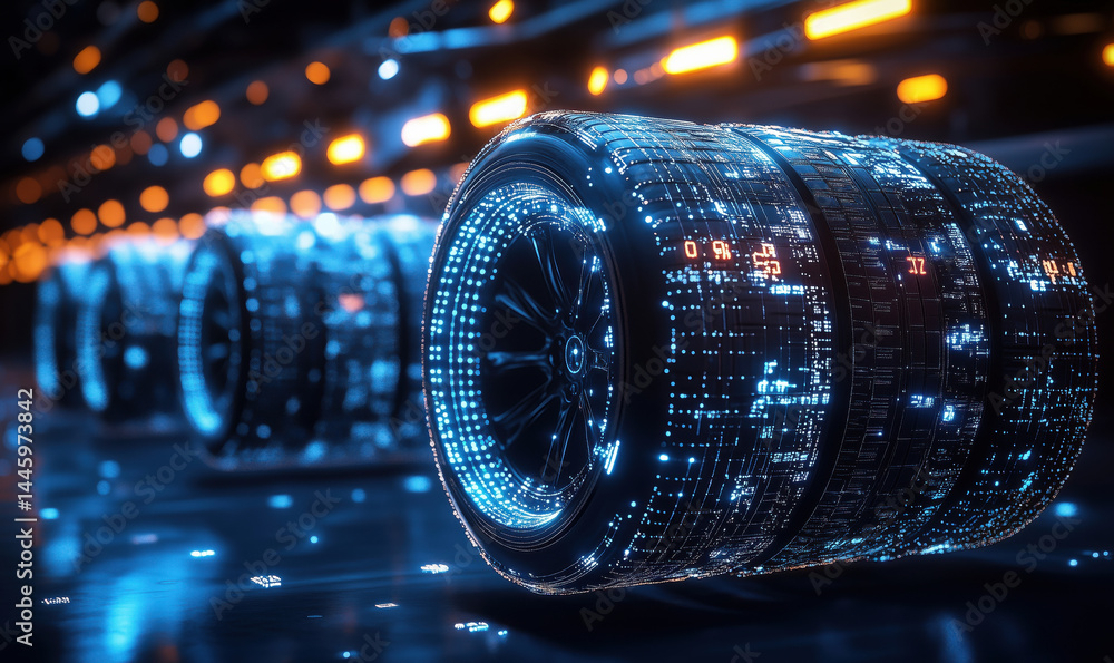 Poster futuristic digital tires with glowing circuits and data patterns in high-tech environment.