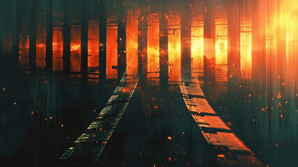 Abstract digital landscape with glowing orange light and dark vertical structures.
