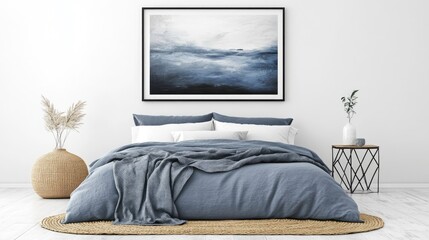Muted blue abstract seascape adorns a bedroom.