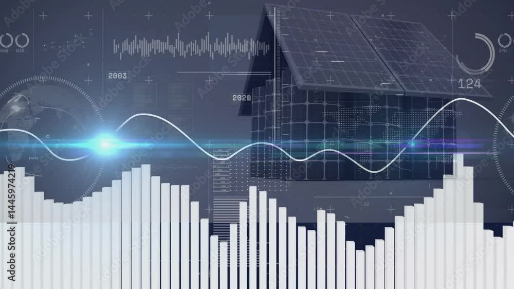 Poster 3d render solar house showing energy data while waveform graphs and histogram bars animating