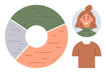 Segmented circular chart and smiling character with casual outfit. Ideal for analytics, teamwork, data, profile, education, diversity, statistics themes. Great for a simple landing page